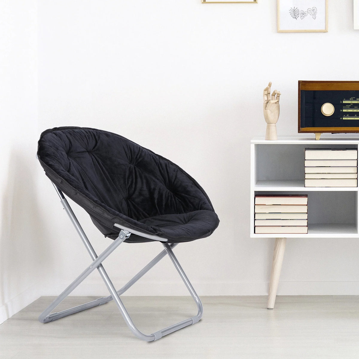 Foldable Faux Fur Saucer Chair Black N83117