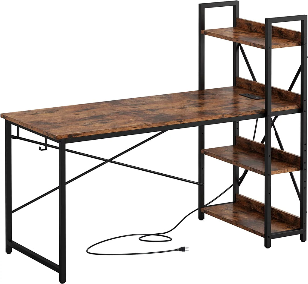 55" Computer Desk with Power Outlet and Storage Shelves A41399