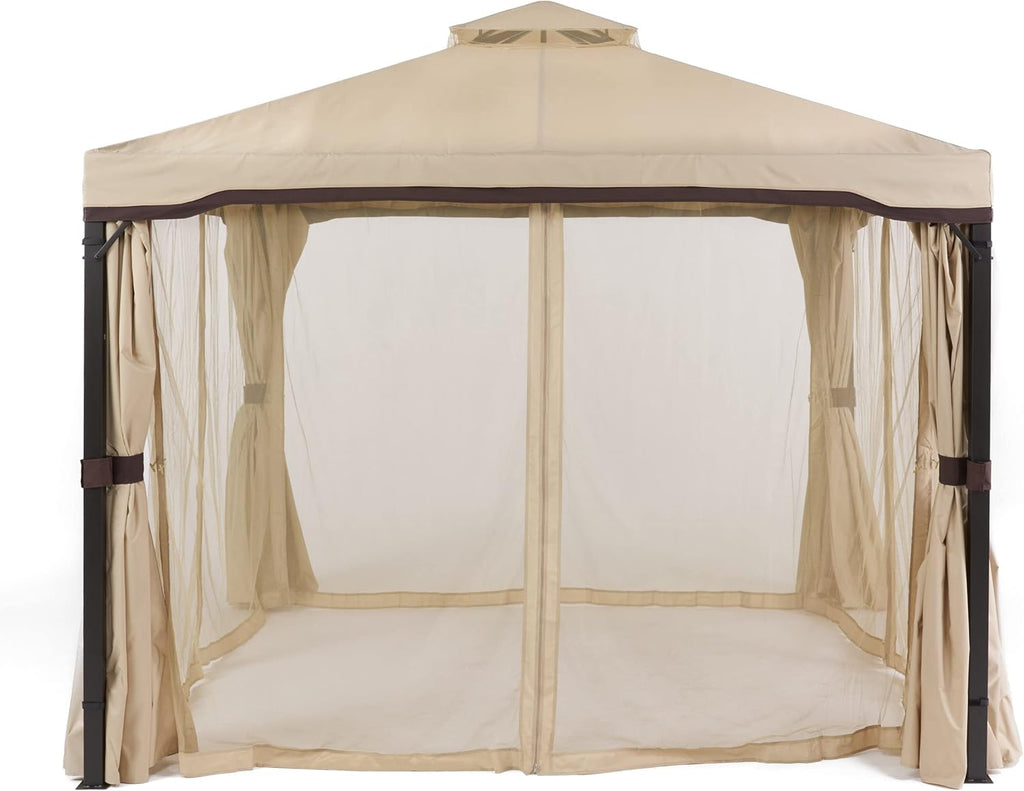 Beige Outdoor Gazebo Canopy with Net Drapery U1548