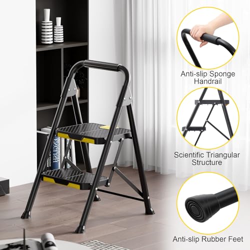 4 Step Steel Step Stool with Handrail Black Q104