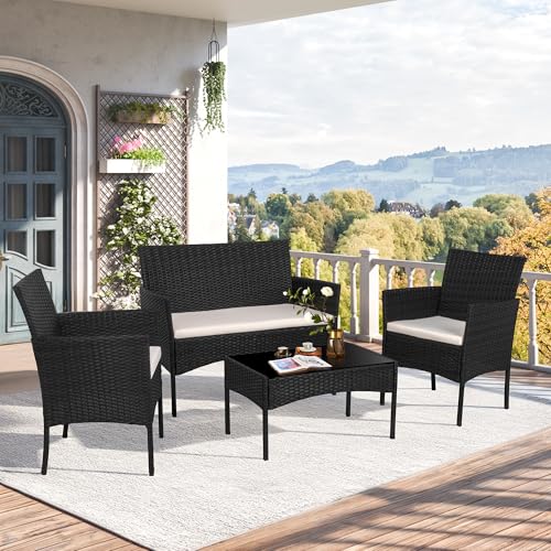 4 Piece Wicker Patio Conversation Furniture Set with Tempered Glass Coffee Table R498839
