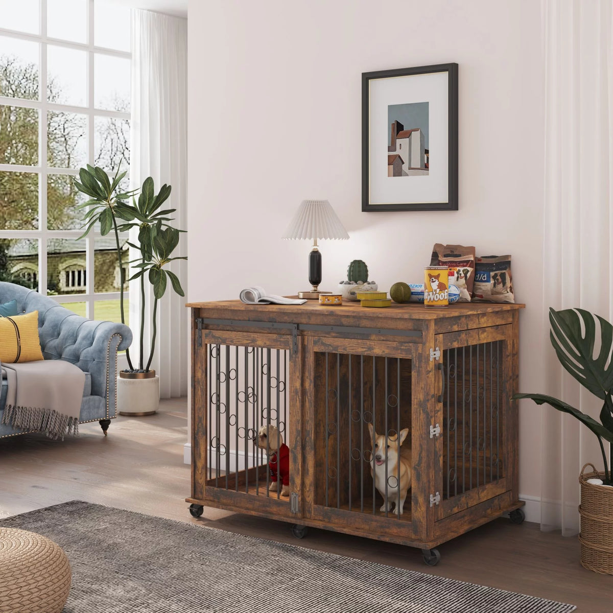 Large Wooden Dog Crate Furniture with Wheels T87440