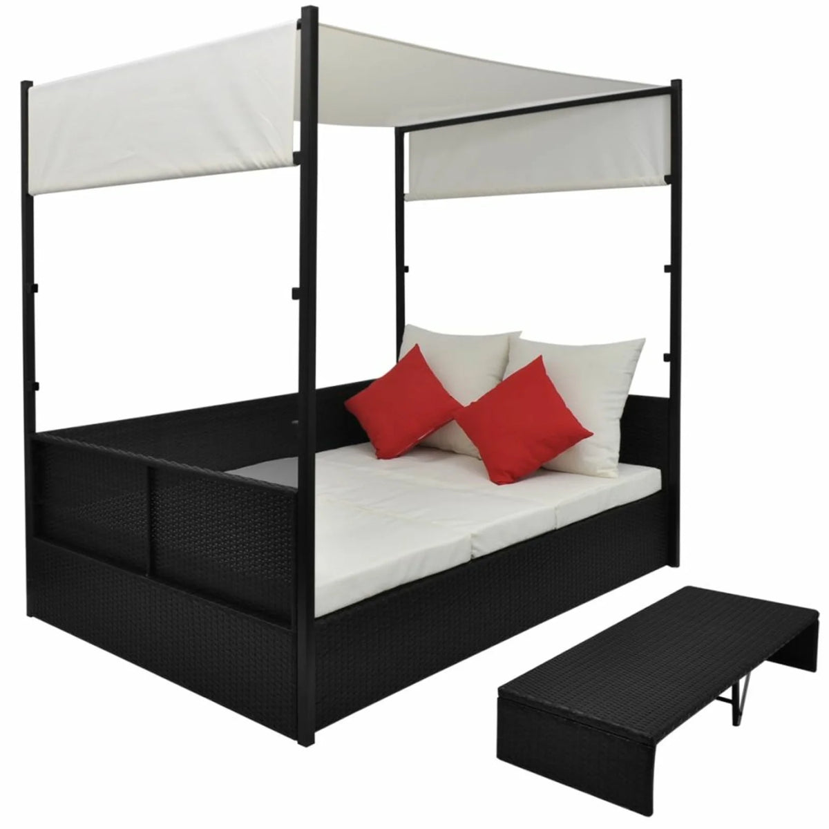 Black Poly Rattan 2-Person Sun Lounger with Canopy and Tea Table P1979