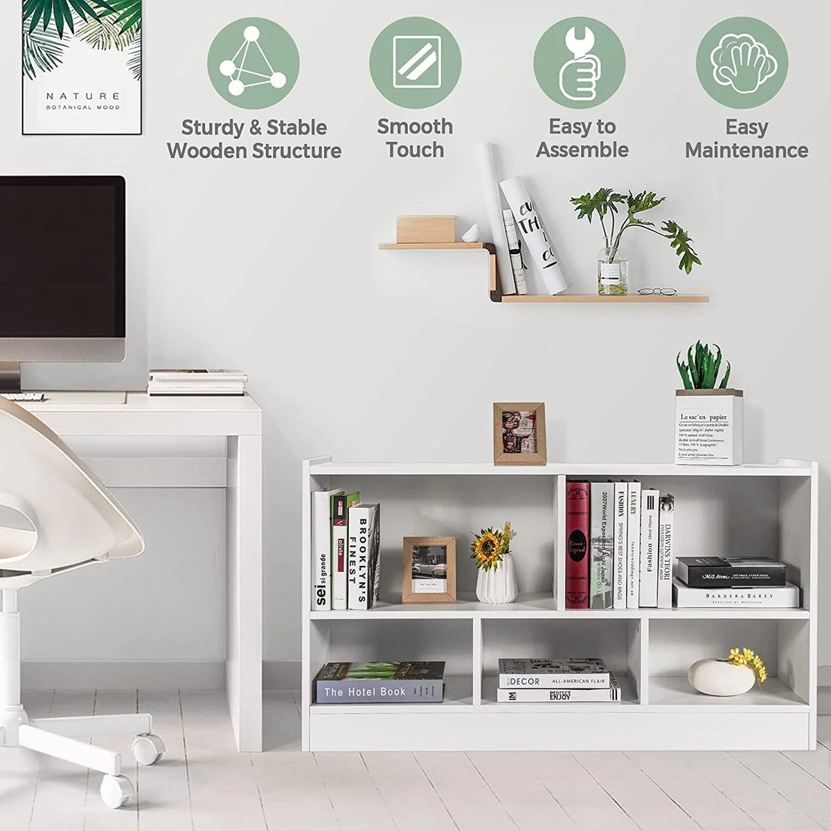5 Cube White Wood Bookcase with Open Shelves E21837