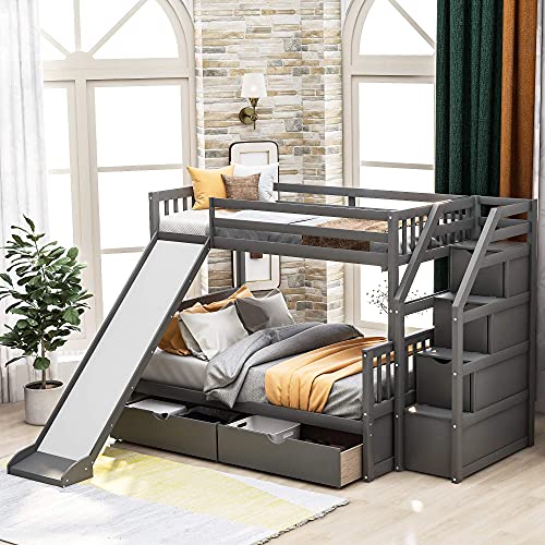 Gray Wood Twin Over Full Bunk Bed with Stairs and Slide E289