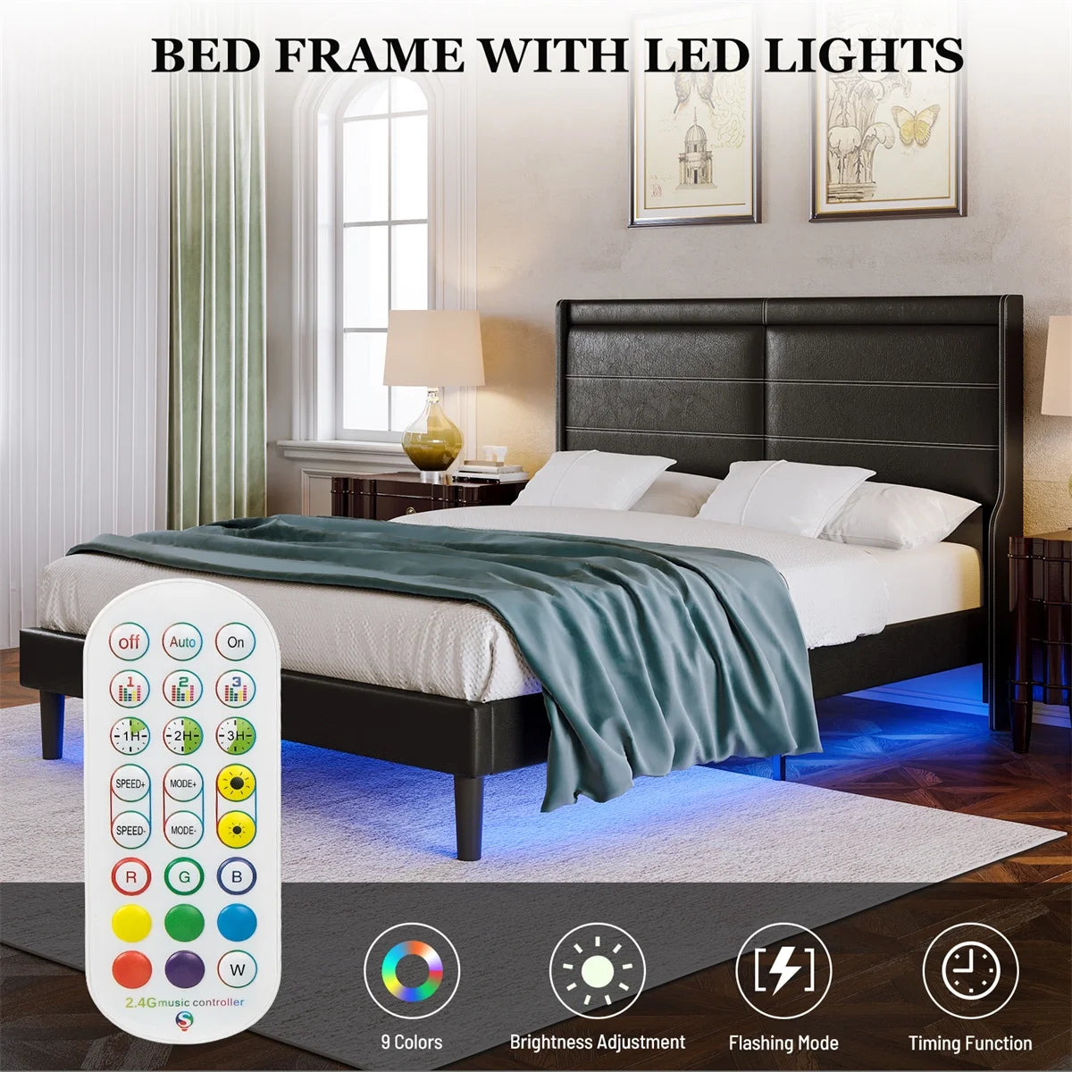 Queen Size Upholstered Bed with Lights E27272