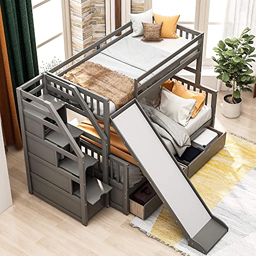 Gray Wood Twin Over Full Bunk Bed with Stairs and Slide E289