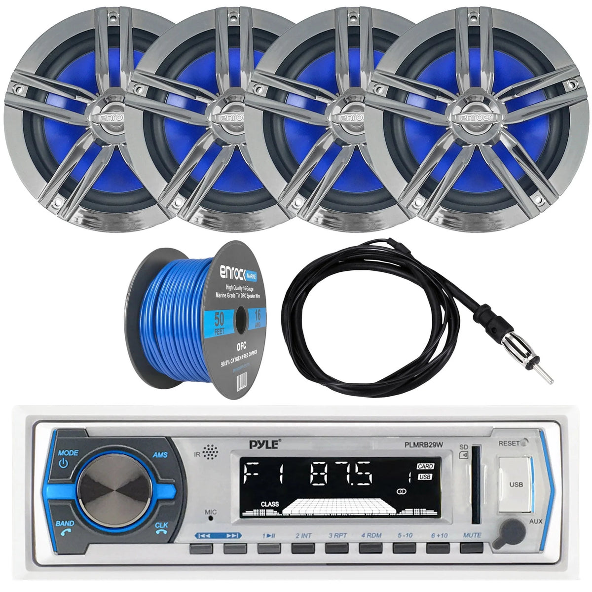 Bluetooth Marine Receiver Stereo with 6.5 Water-Resistant Loudspeaker, Marine Antenna & 50' 16G Speaker Wire D150068