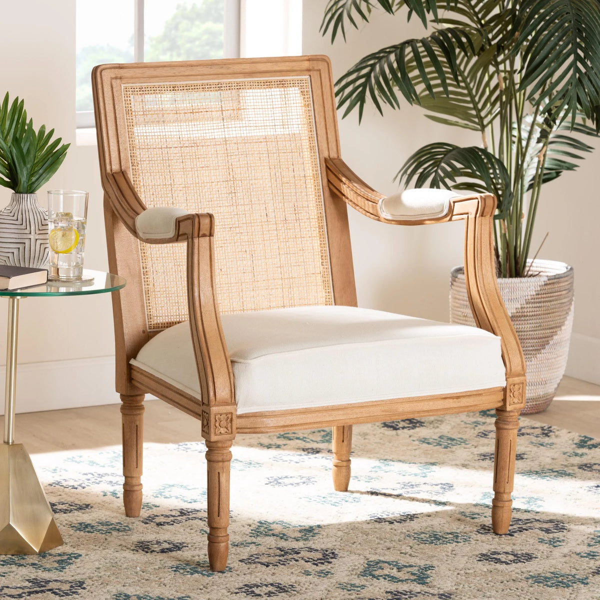 Beige Fabric and Honey Oak Wood Accent Chair Z643