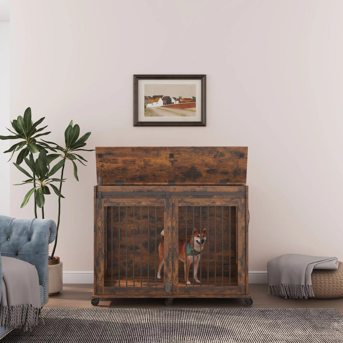 Large Wooden Dog Crate Furniture with Wheels T87440