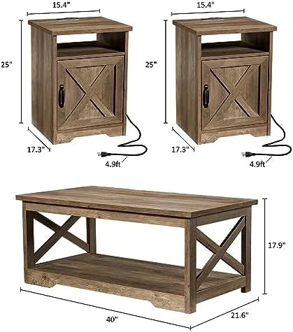 3-Piece Farmhouse Table Set with Charging Station and USB Ports R88432