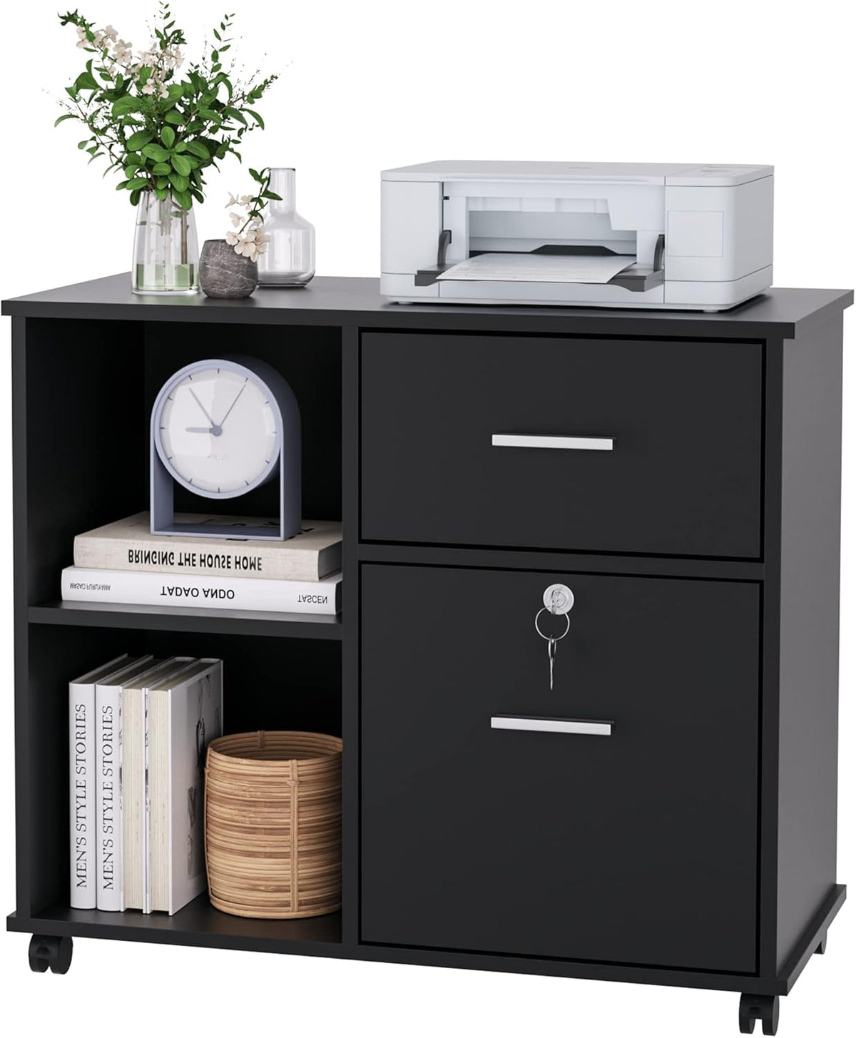 Black Wood File Cabinet with Drawers and Lock R13220