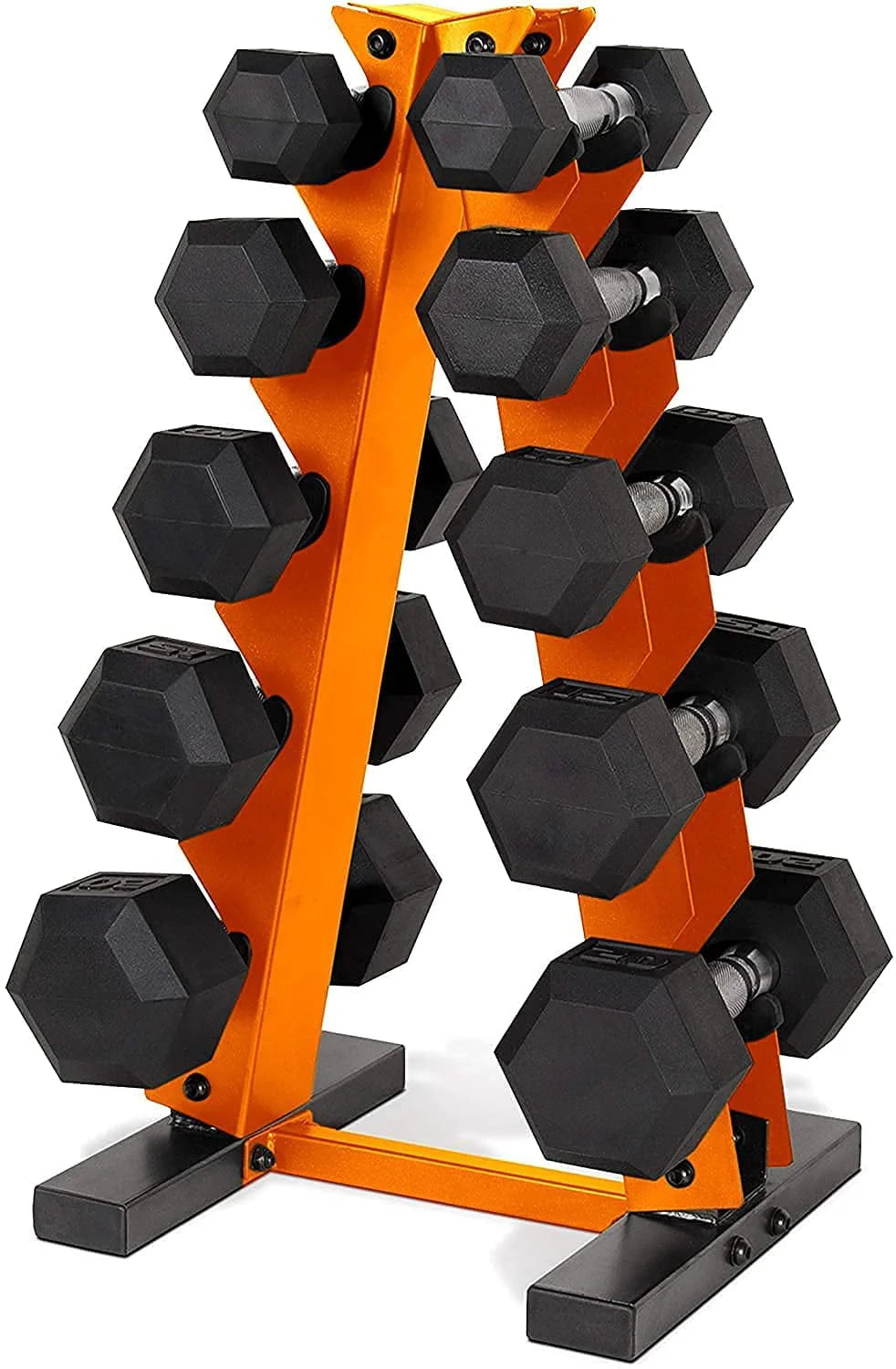 5-25 Lb. Rubber Coated Hex Dumbbell Set with Storage Rack H434