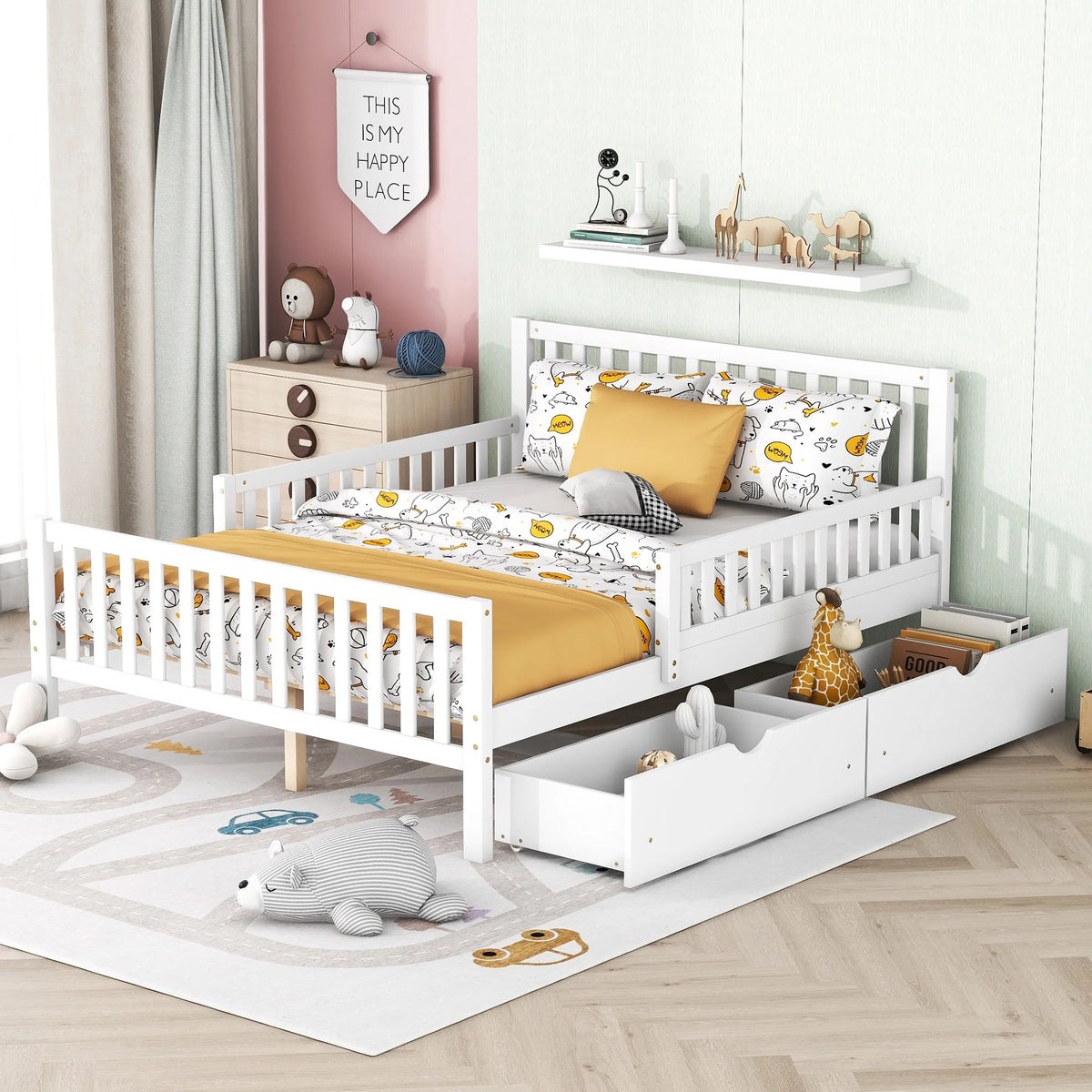 White Wood Full Bed Frame with Storage Drawers I64482