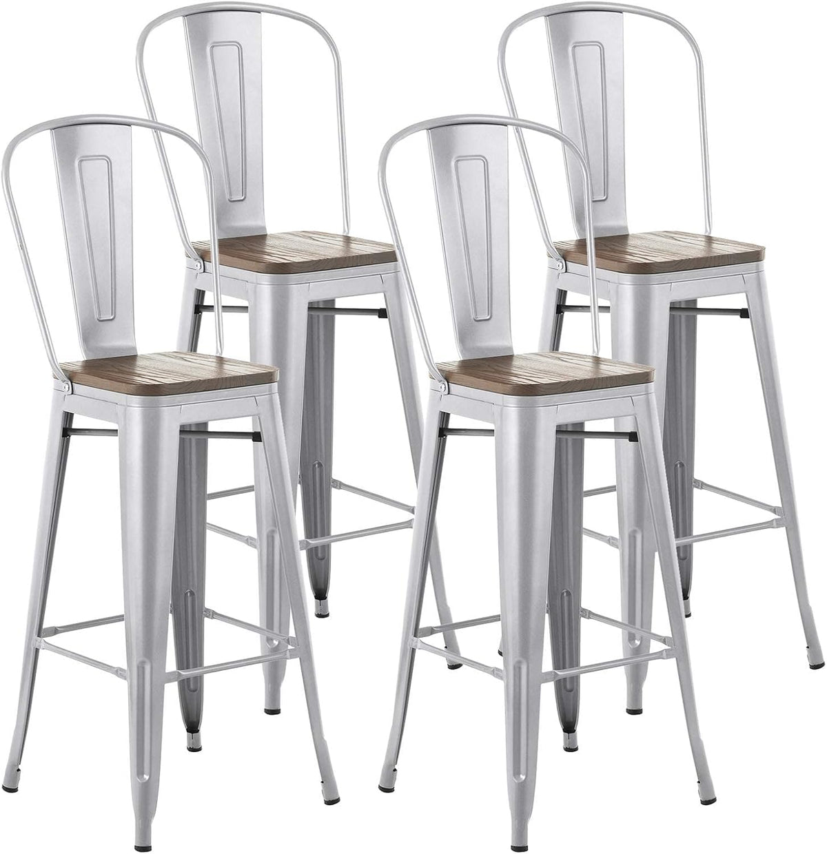 30” Metal Bar Stools Set of 4, High Back Wooden Seat, Stackable White A110576