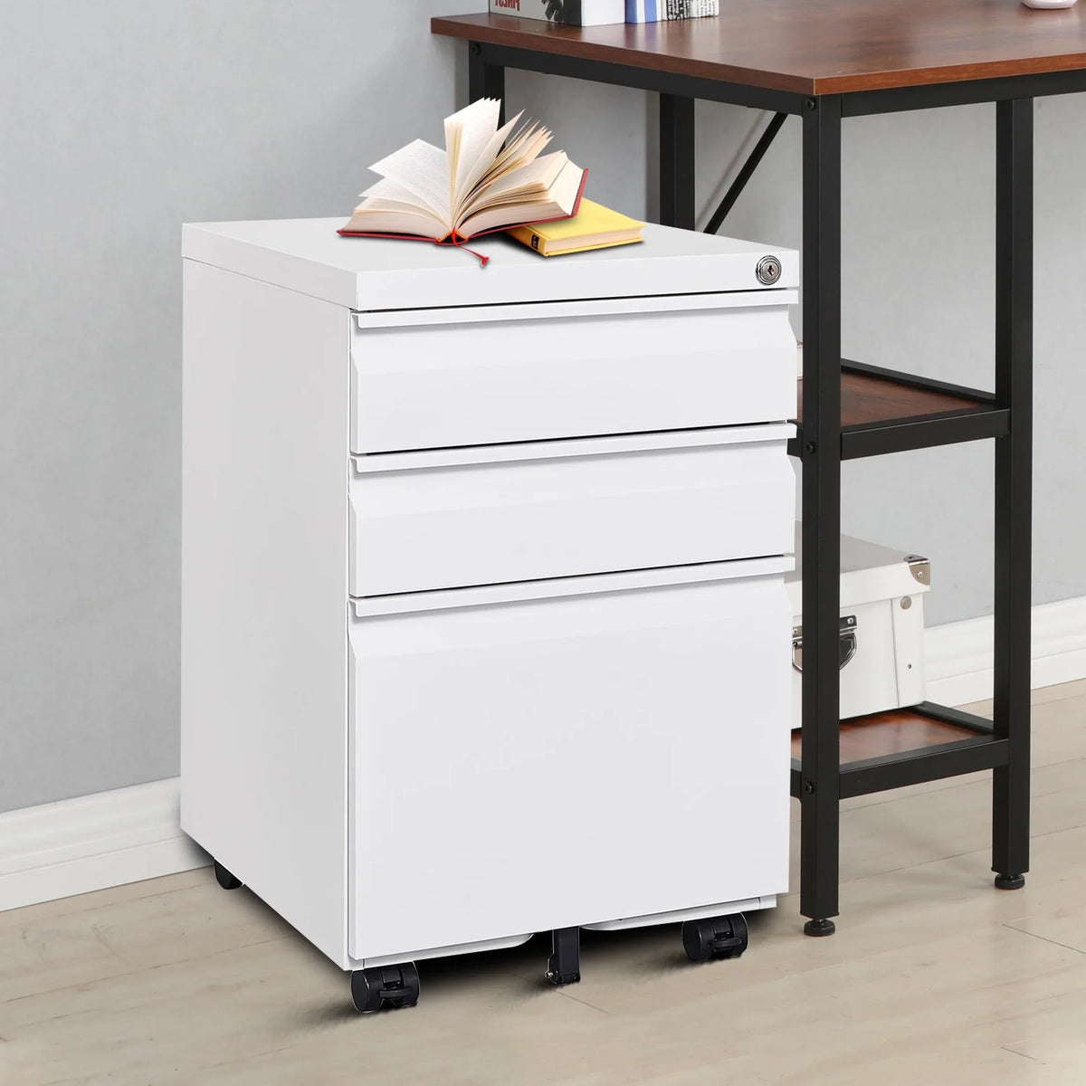 White Metal File Cabinet with Lock and Three Drawers R3383
