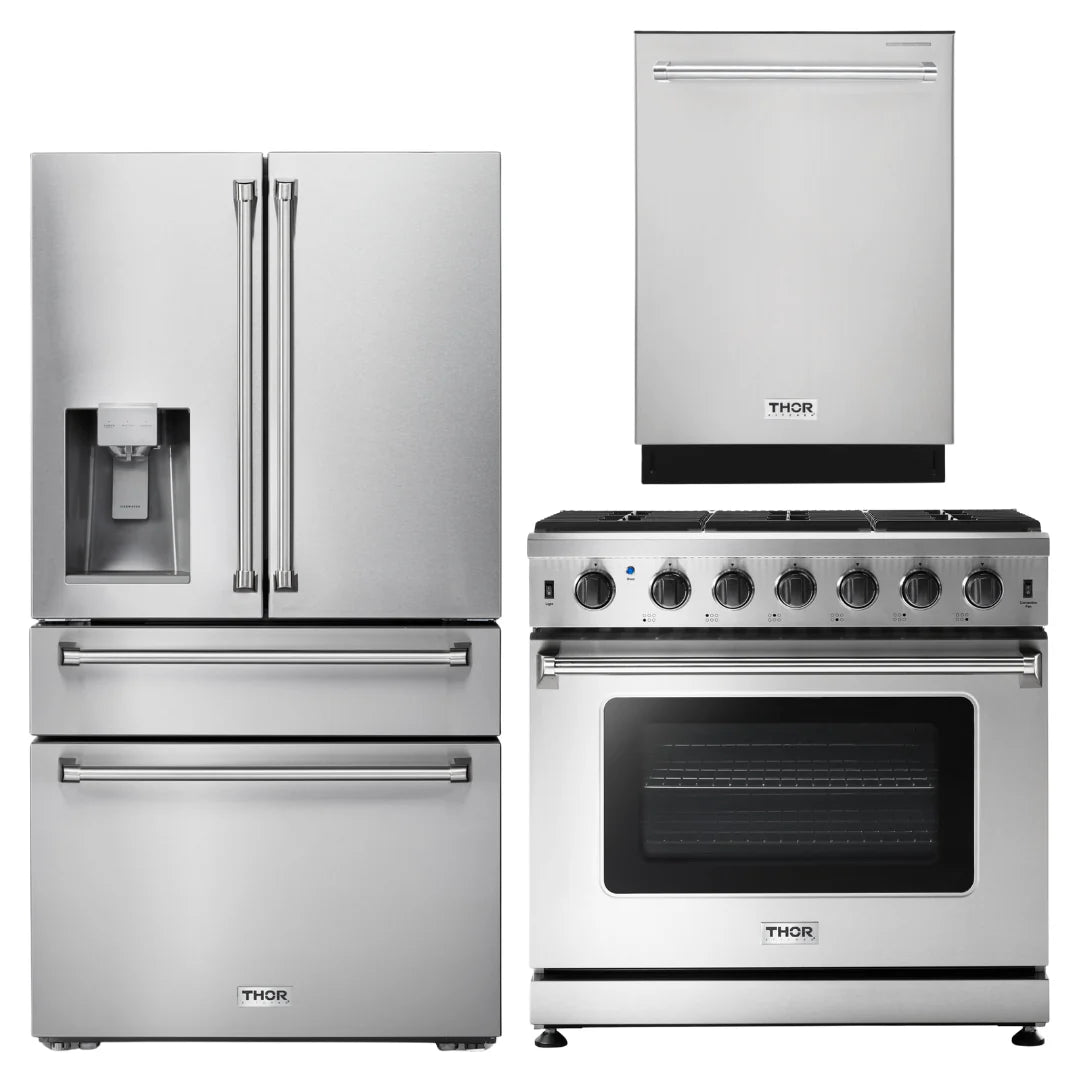 36 Gas Range, Refrigerator with Water and Ice Dispenser, Dishwasher W2828
