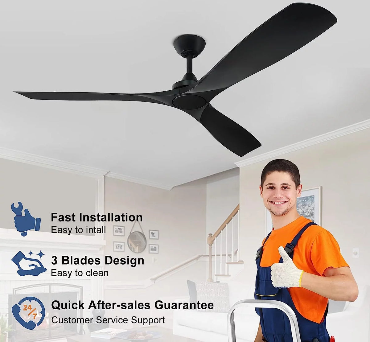60" Modern 3-Blade Black Ceiling Fan with Remote Control E486712