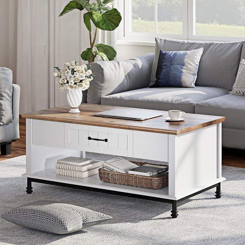White Coffee Table with 1 Drawer and Storage Shelf E2140