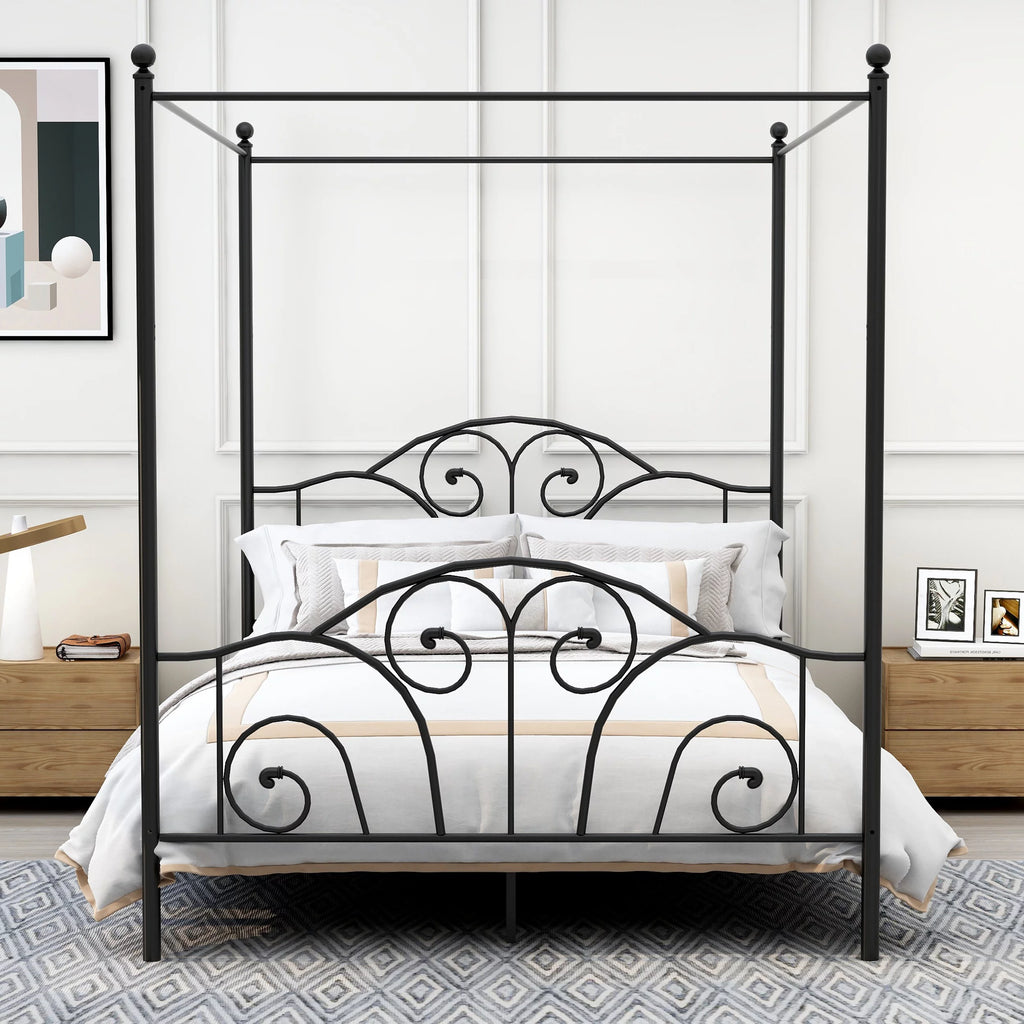 Vintage White Full Size Metal Canopy Bed Frame Y15371