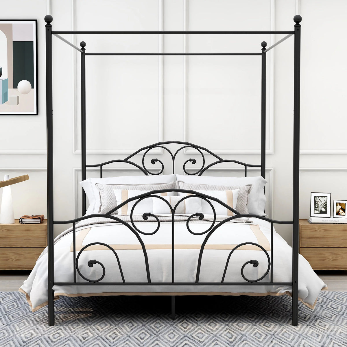 Vintage White Full Size Metal Canopy Bed Frame Y15371
