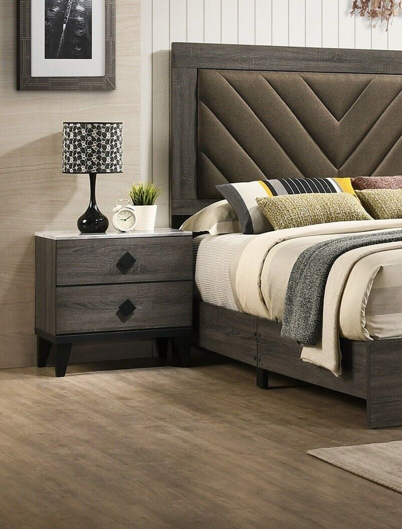 California King Size Bed and 2 Nightstands Gray Wooden Tufted Headboard 3pc Set X740