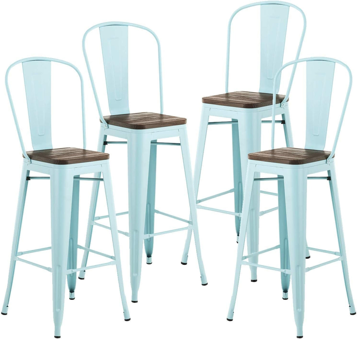 30” Metal Bar Stools Set of 4, High Back Wooden Seat, Stackable White A110576