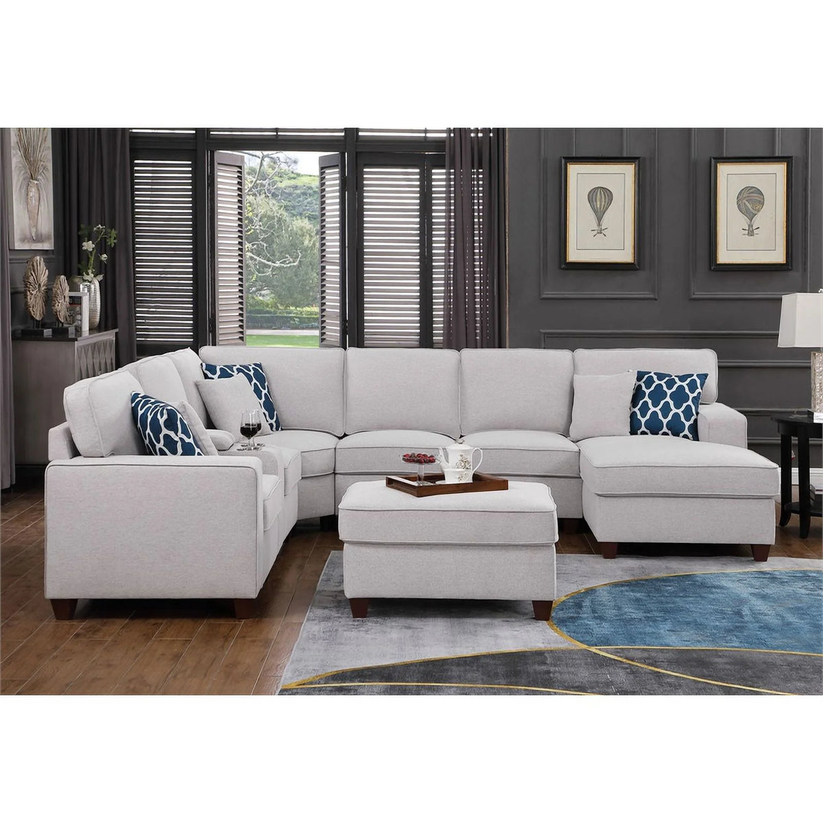 Light Gray 8-Piece Fabric Upholstered Sectional with Console & Chaise L356