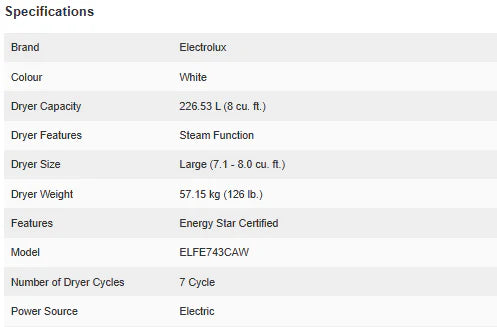 8.0 Cu. Ft. White Front Load Electric Dryer F347