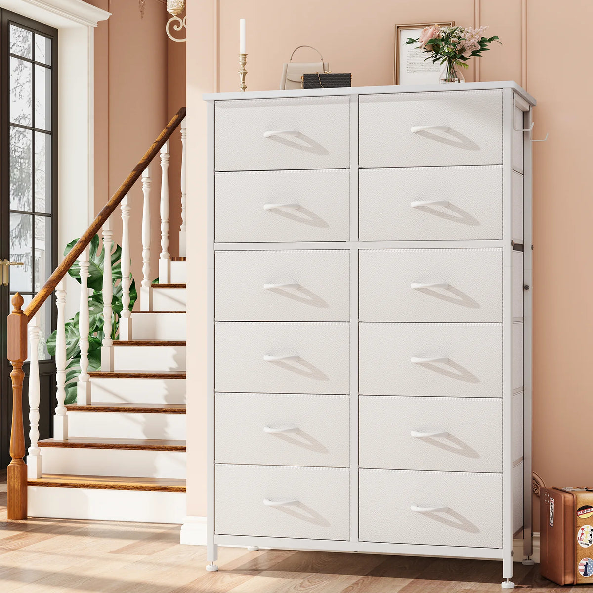 12 Drawer Fabric Dresser with Steel Frame and Wooden Top D19233