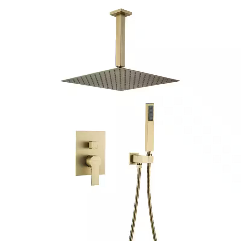 12 in. Ceiling Mount Dual Shower Heads with Pressure Balance Valve in Brushed Gold Q663
