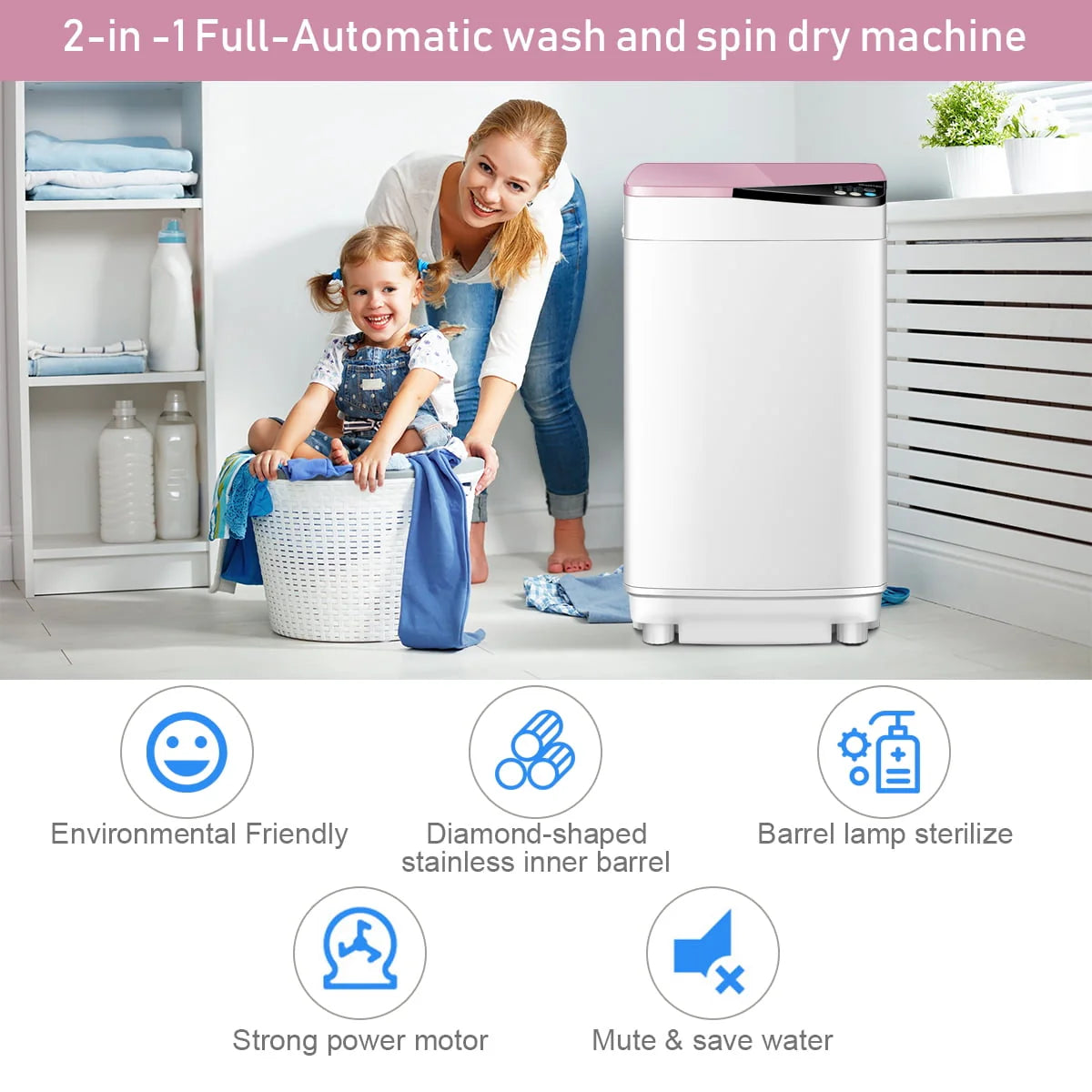 Full-Automatic Washing Machine 7.7 lbs Washer/Spinner UV Light Pink W959930