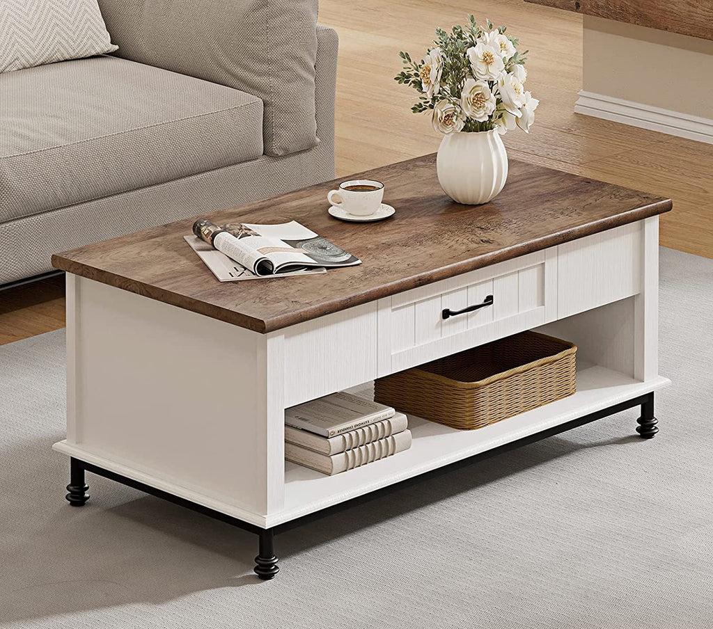 White Coffee Table with 1 Drawer and Storage Shelf E2140