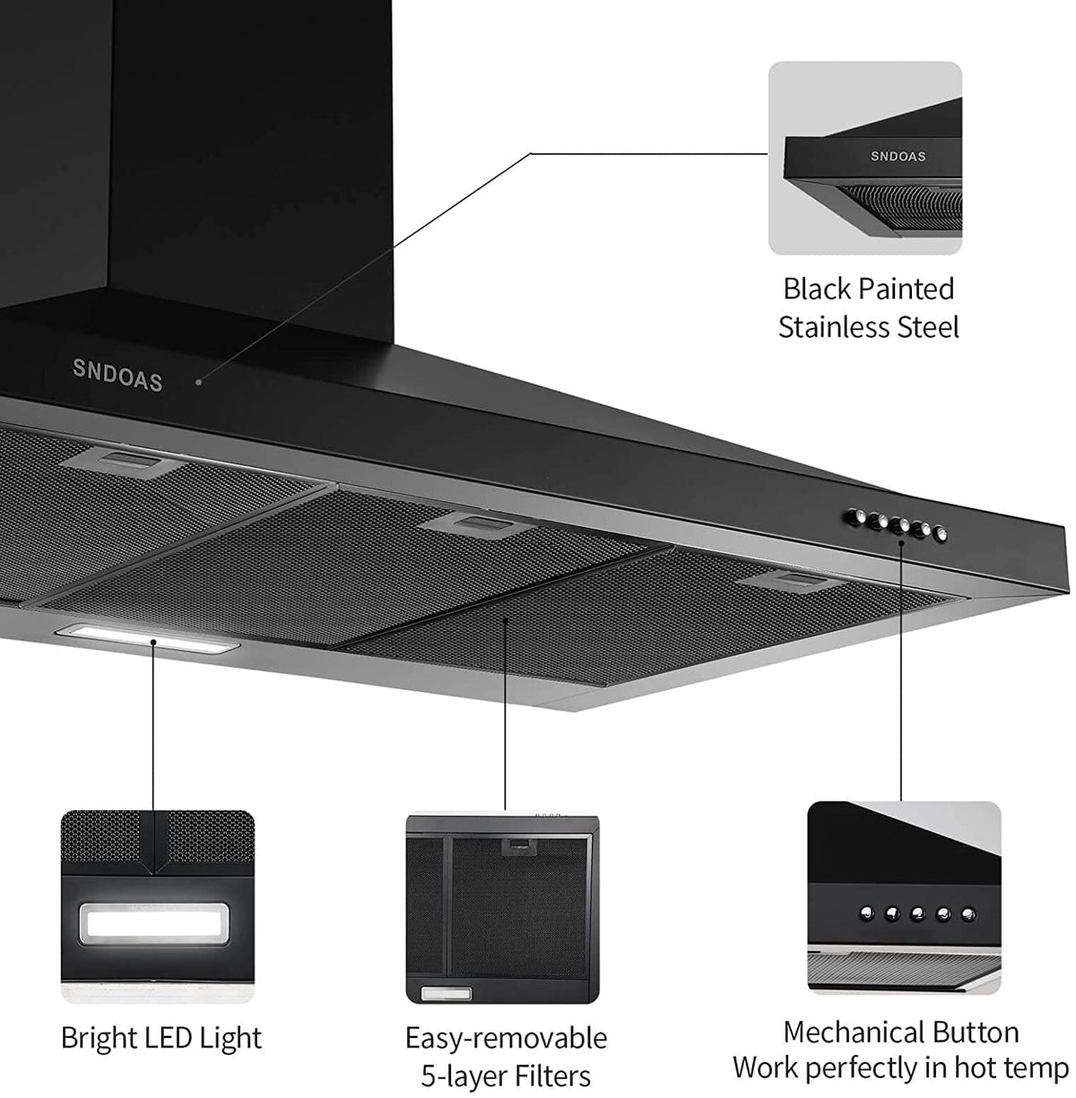 36 inch Black Stainless Steel Wall Mount Range Hood M360