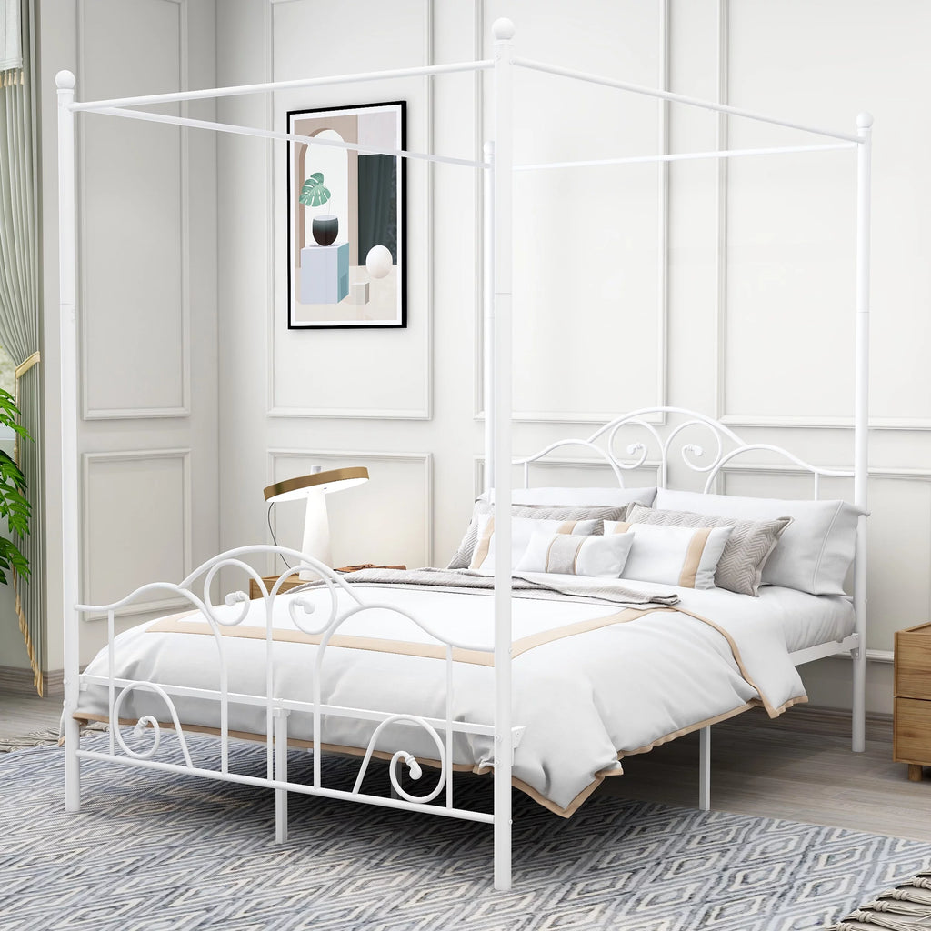 Vintage White Full Size Metal Canopy Bed Frame Y15371