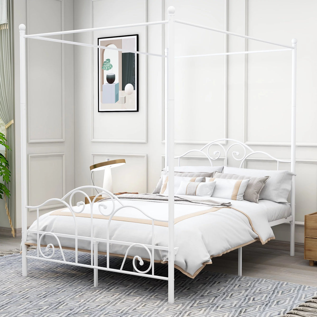 Vintage White Full Size Metal Canopy Bed Frame Y15371