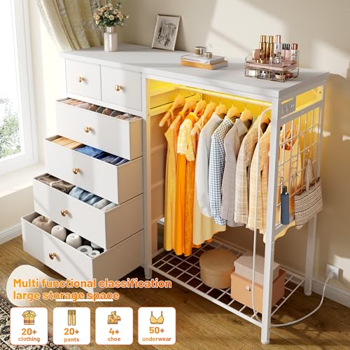 Black 6 Drawer Fabric Dresser with Hanging Rack J306