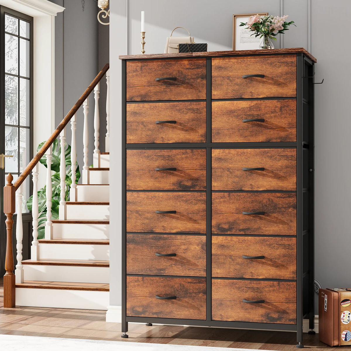 12 Drawer Fabric Dresser with Steel Frame and Wooden Top D19233