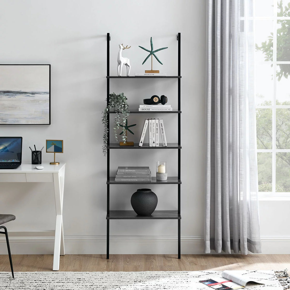 5-Shelf Ladder Bookcase Black Wood and Metal Y16125