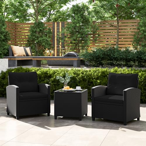 3 Pieces PE Rattan Wicker Outdoor Sofa Set with Cushion and Glass Tabletop R6356