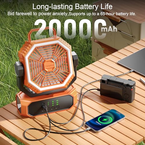 Portable Camping Fan with LED Lantern & Flashlight, 20000mAh Rechargeable Battery M3810