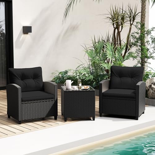 3 Pieces PE Rattan Wicker Outdoor Sofa Set with Cushion and Glass Tabletop R6356