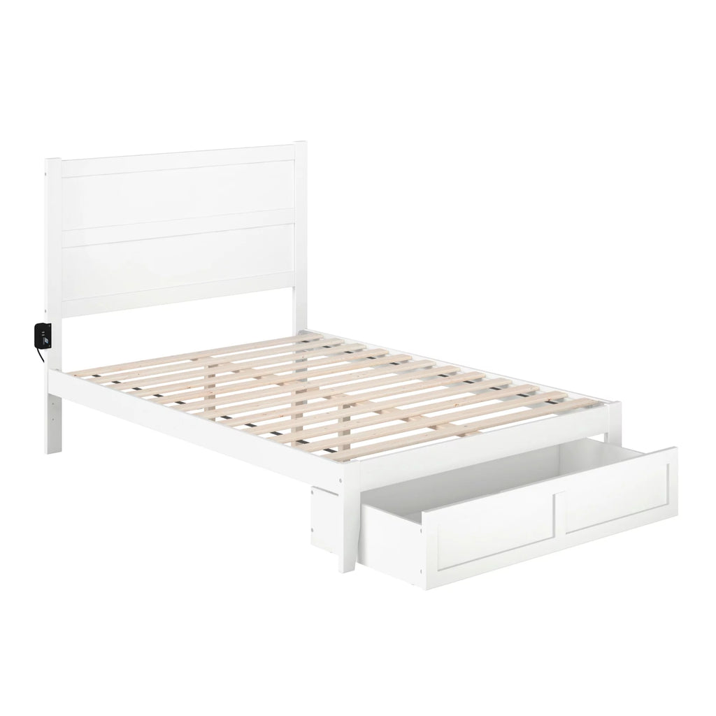 White Wood Full Bed with Foot Drawer J23218