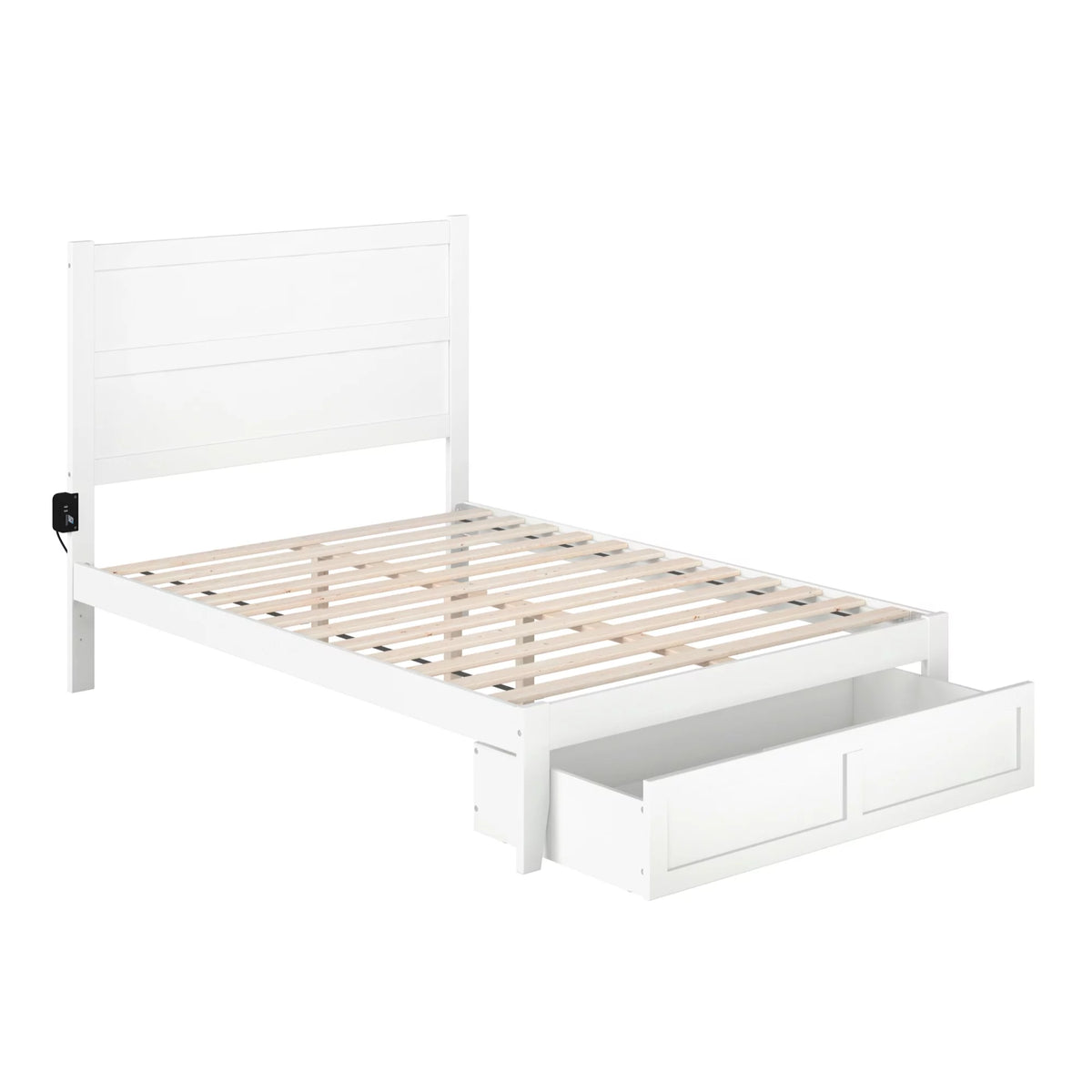 White Wood Full Bed with Foot Drawer J23218