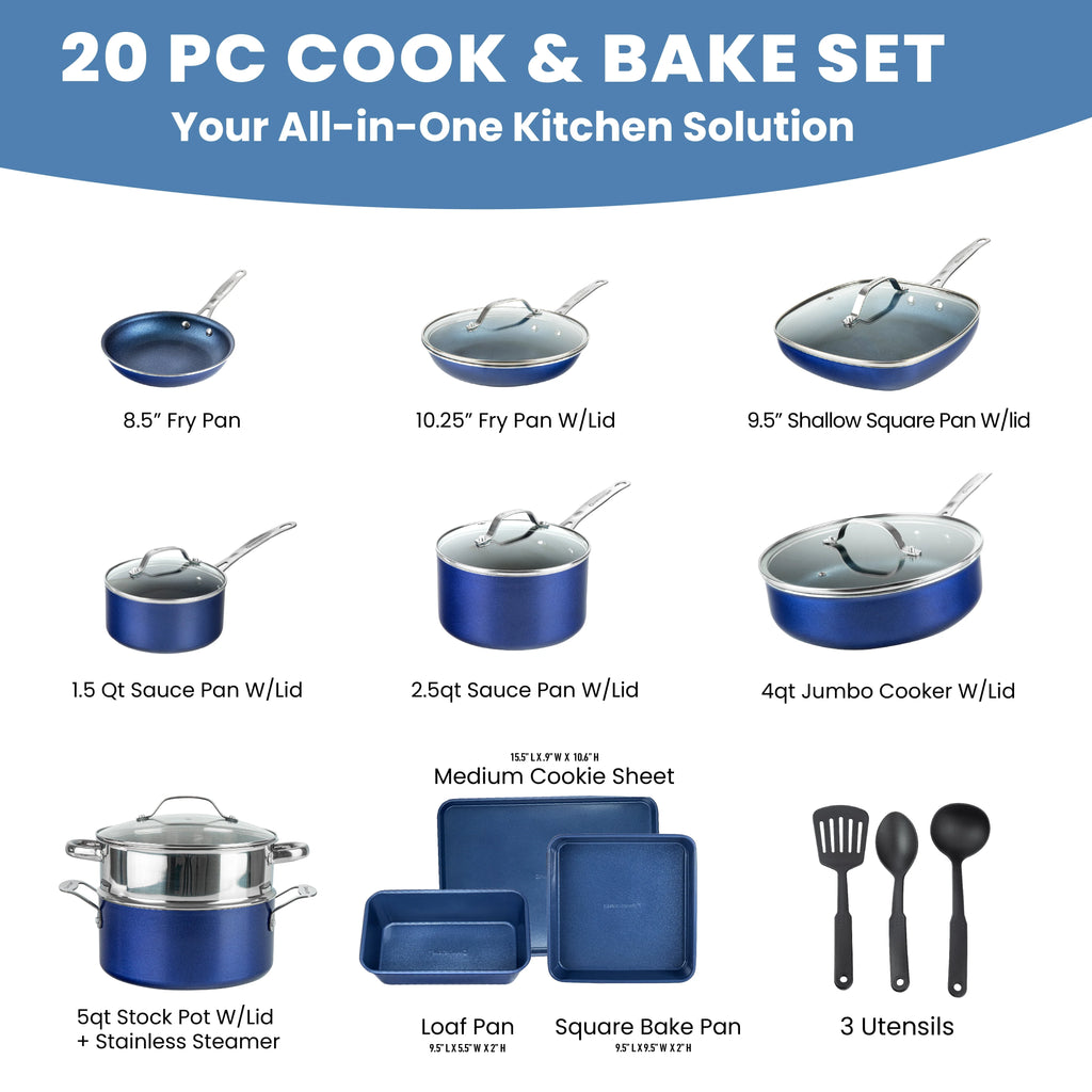 20 Piece Nonstick Blue Cookware Bakeware Set V7235