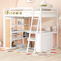 White Full Size Loft Bed with Ladder Shelves and Desk F104