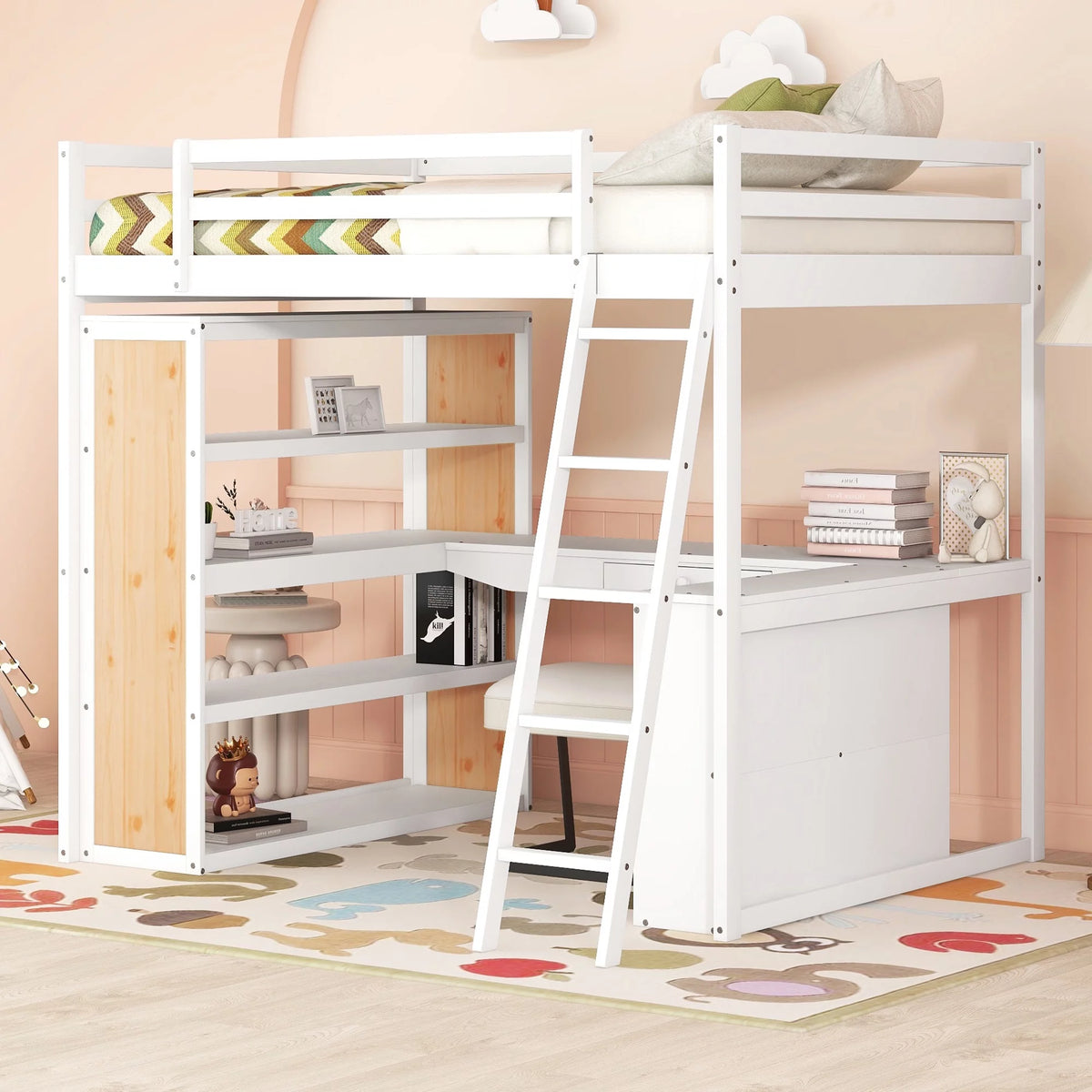 White Full Size Loft Bed with Ladder Shelves and Desk F104