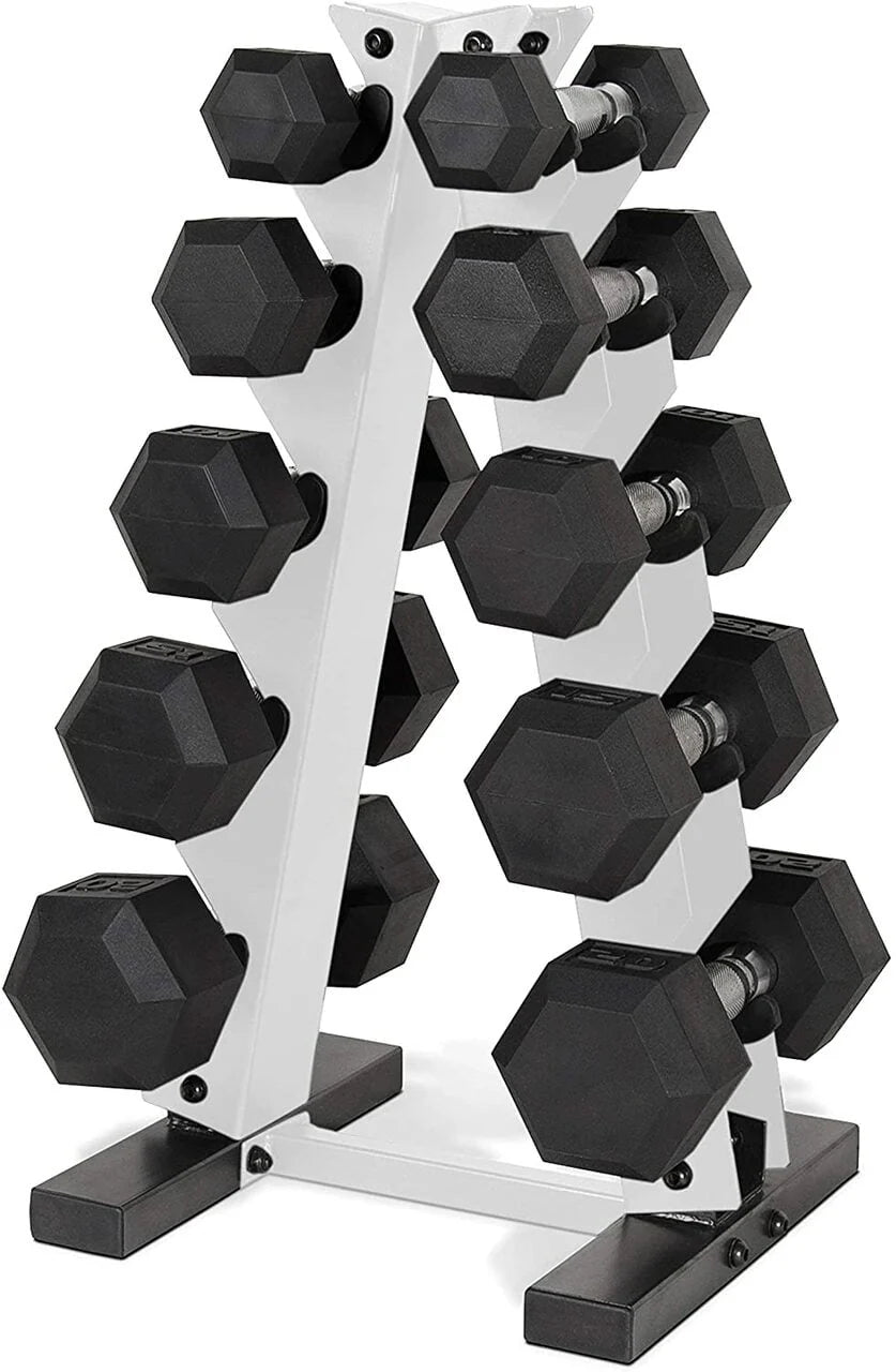 5-25 Lb. Rubber Coated Hex Dumbbell Set with Storage Rack H434