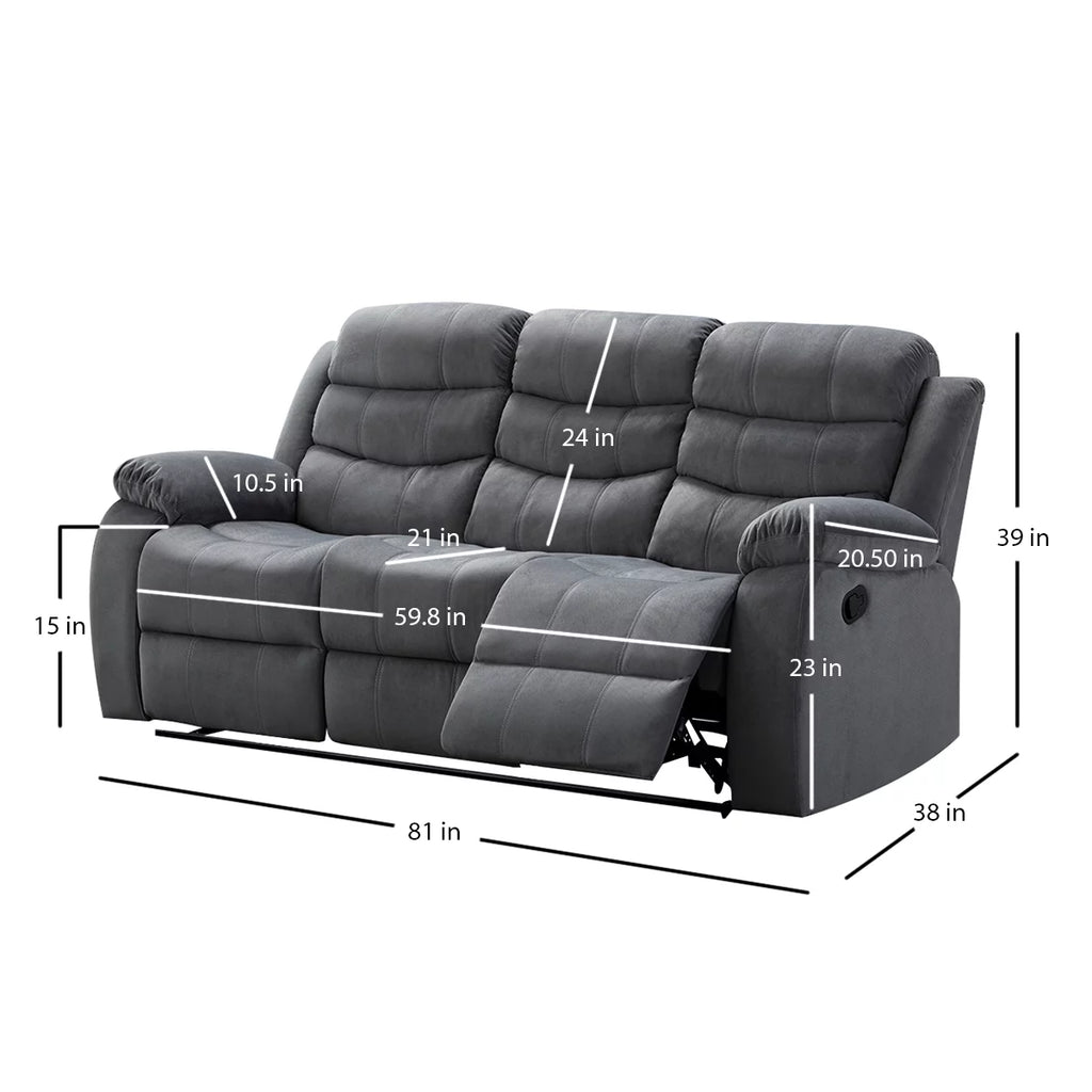 Grey Upholstered Reclining Sofa with 2 Recliners C8037
