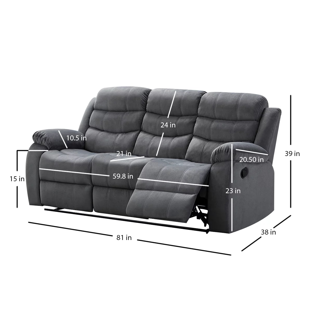 Grey Upholstered Reclining Sofa with 2 Recliners C8037